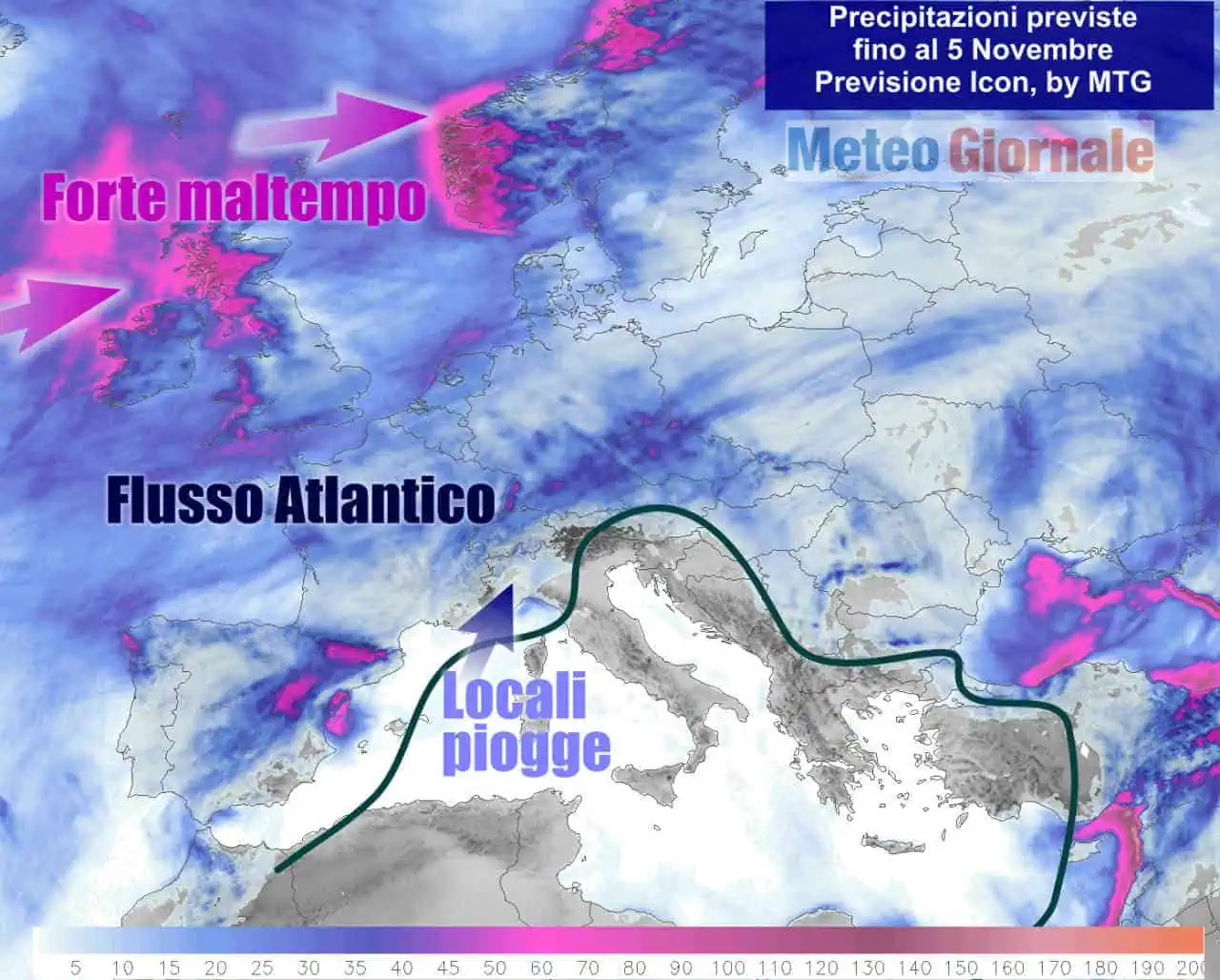 Le piogge previste nei primi giorni di novembre