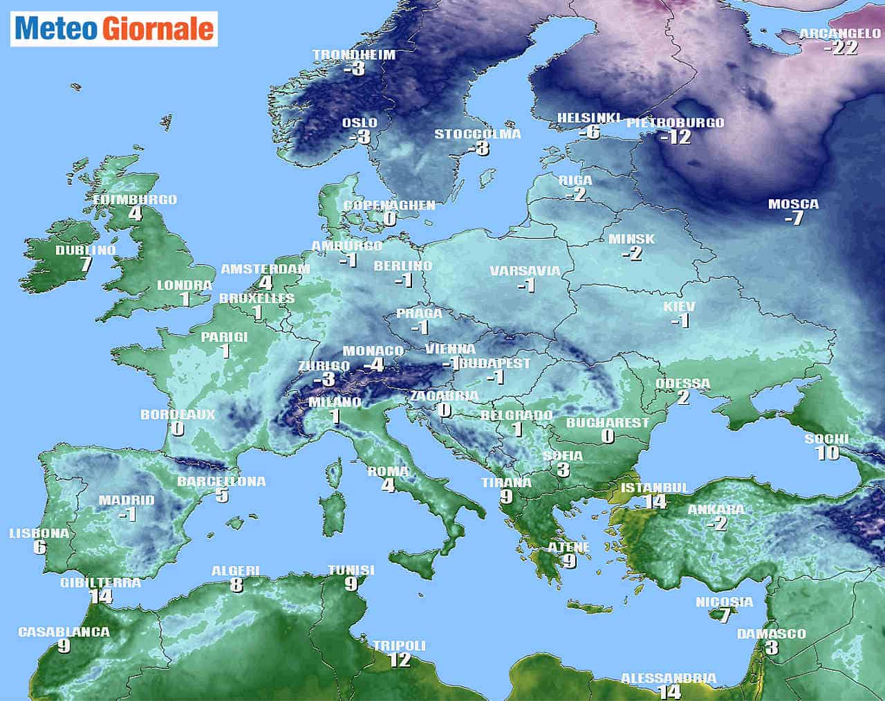 Temperature minime Europa previste nel meteo di Natale