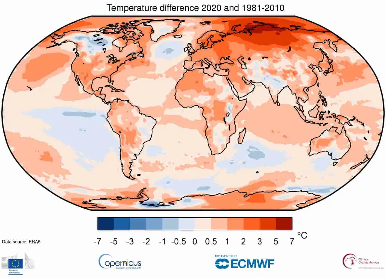 Le anomalie termiche a livello globale del 2020 rispetto alla media del trentennio 1981-2010. Dati Copernicus