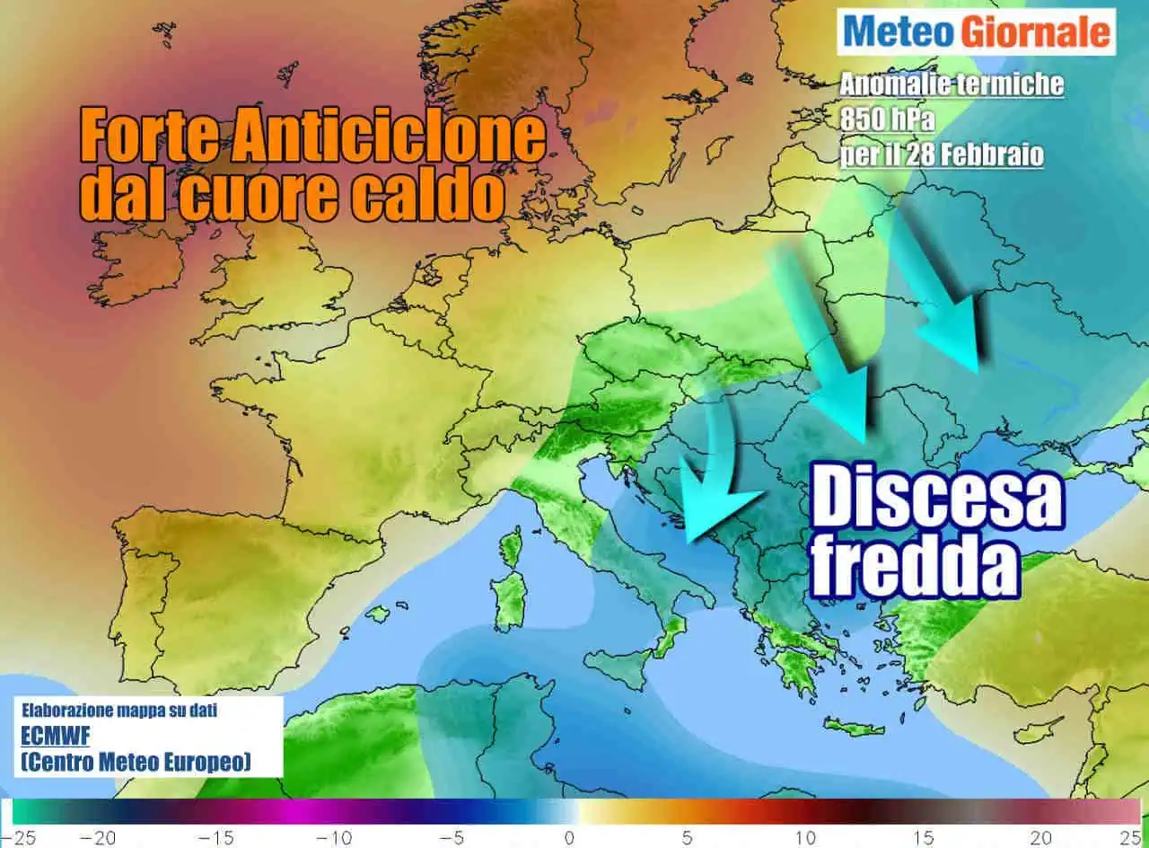 Le anomalie termiche attese a fine febbraio, con aria più fredda che punterà i Balcani e il Sud Italia