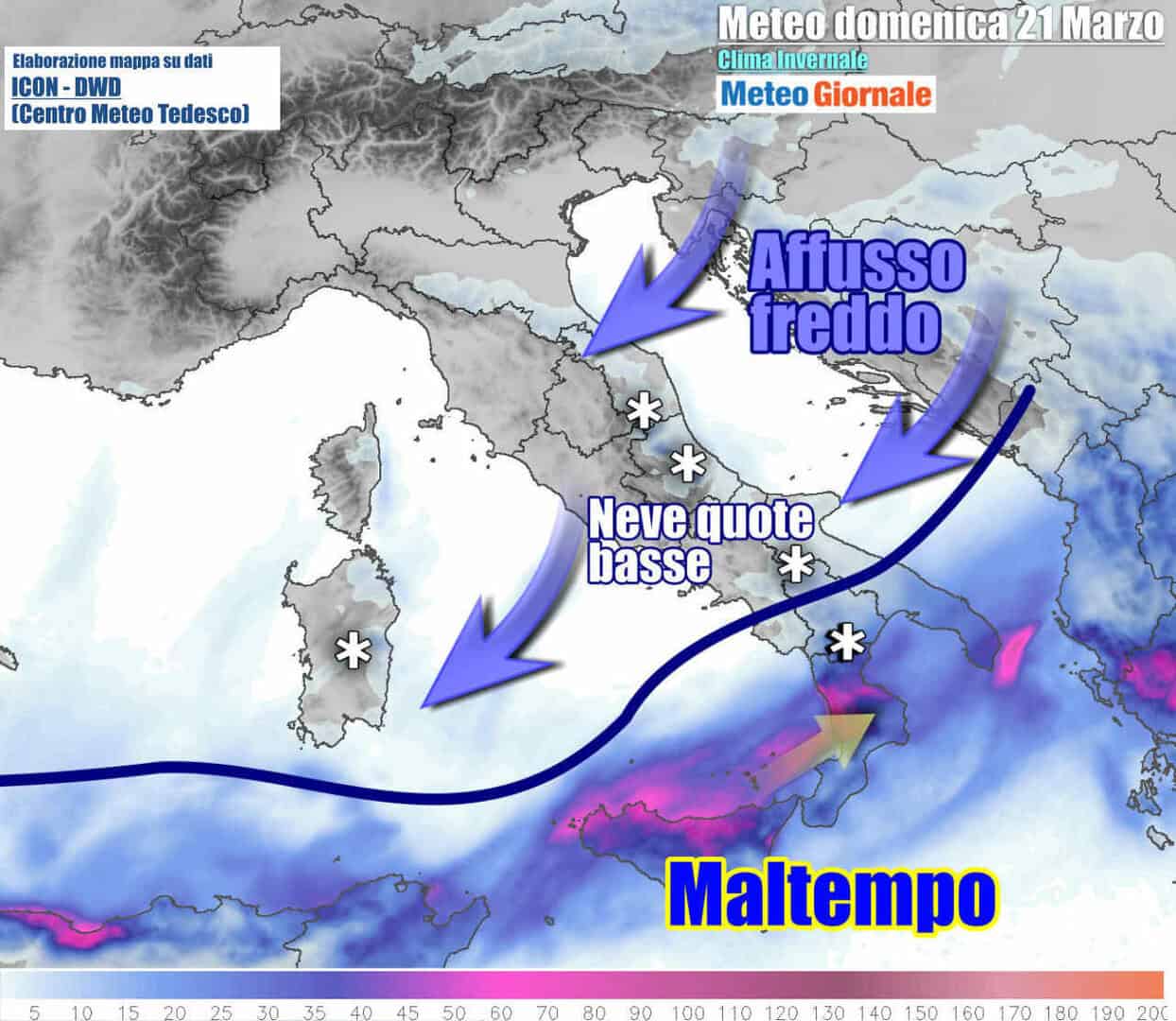 Meteo domenica 21 Marzo, ancora NEVE fino a bassissima quota. I dettagli