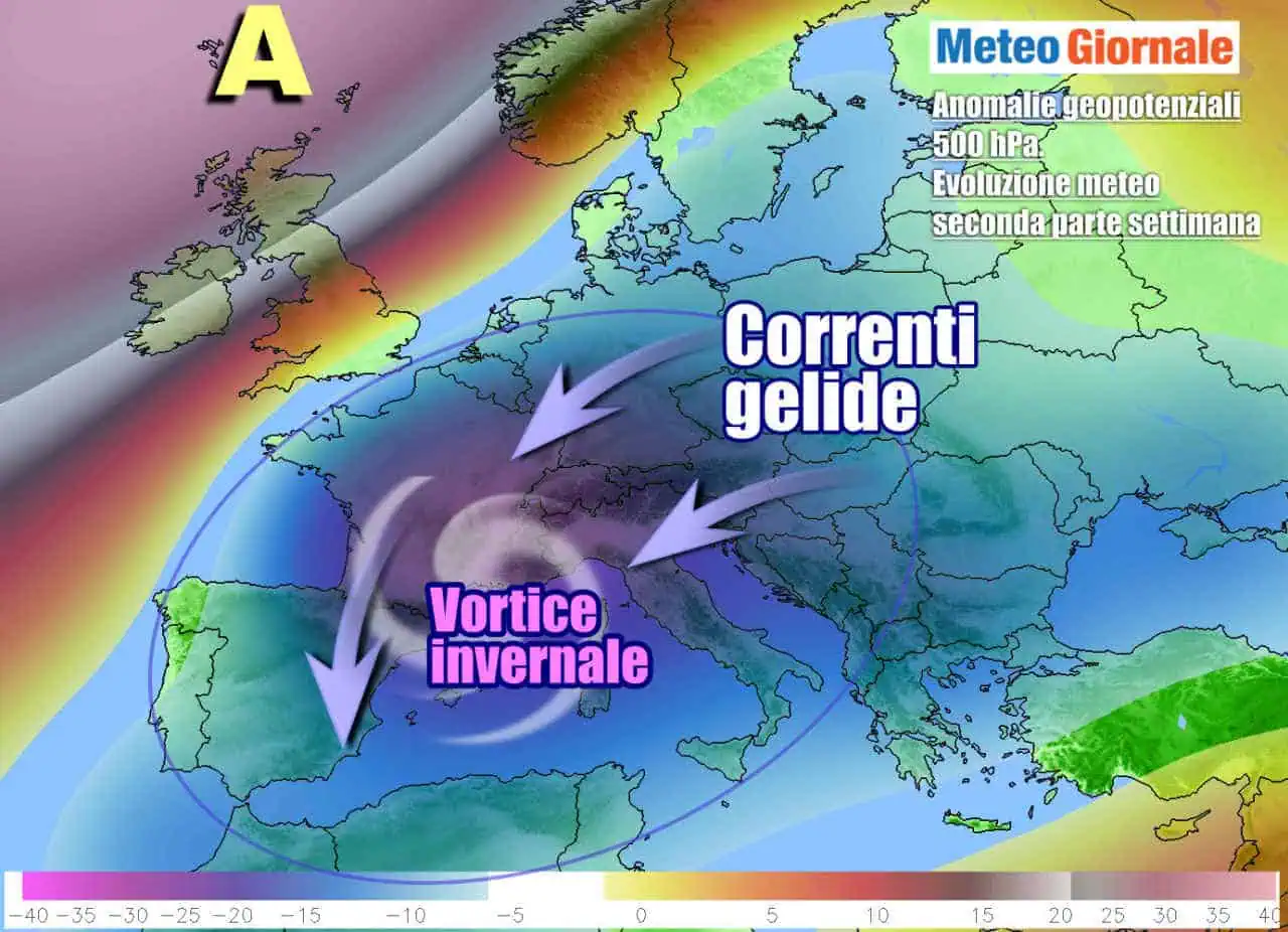 La situazione meteo attesa nella seconda parte della settimana, con vortice freddo invernale a ridosso dell'Italia