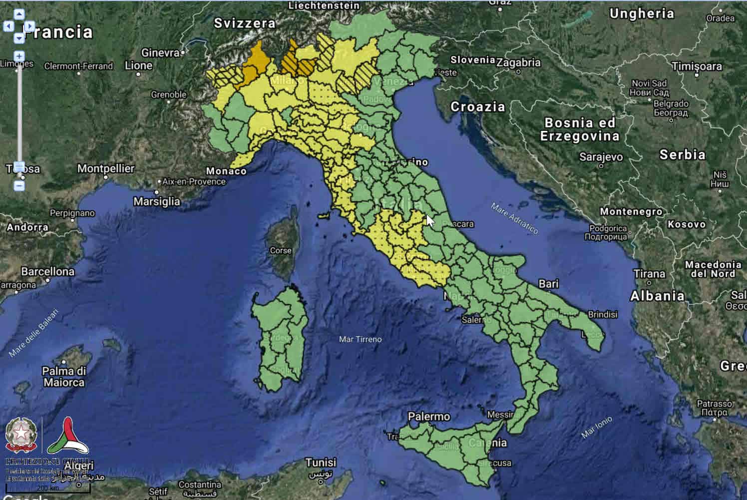 Allerta meteo della Protezione Civile per condizioni atmosferiche avverse