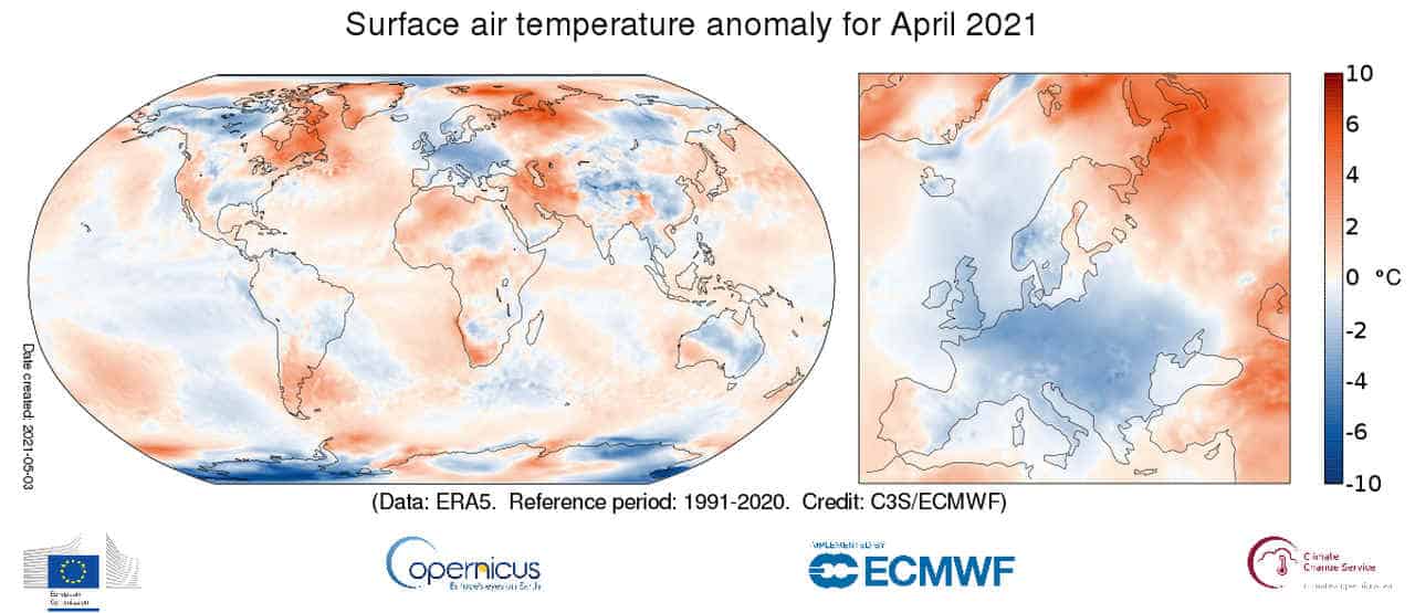 Aprile 2021 dal meteo bizzarro in Europa, mai così freddo dal 2003 2 Aprile freddo in Europa, ma non sul resto del Pianeta