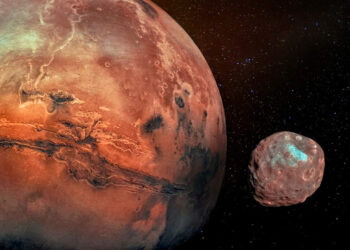 Marte con le sue due lune craterizzate Phobos e Deimos. Elementi di questa immagine forniti dalla NASA.