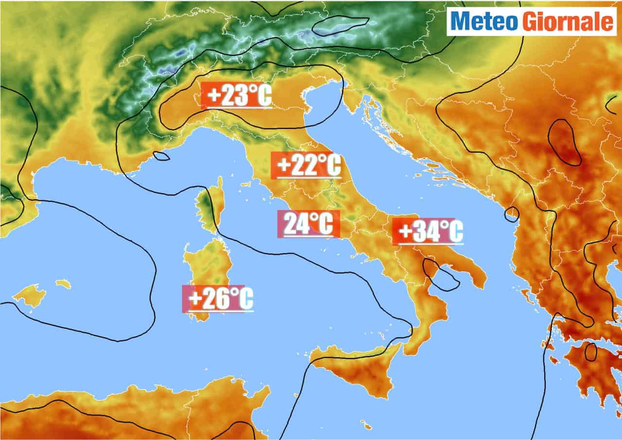 Temperature massime di oggi sino a 34°C