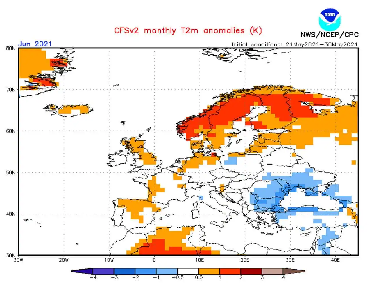 Le anomalie termiche previste dal Centro Noaa nel corso di tutto giugno