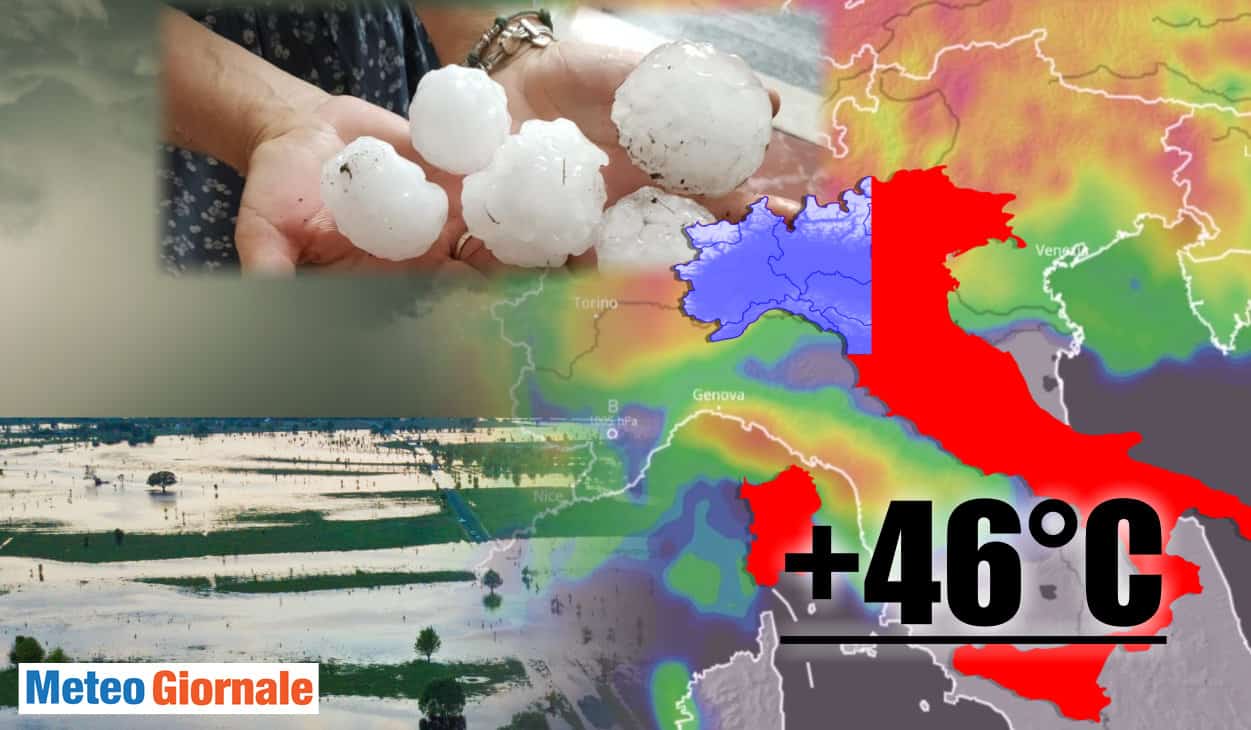 Meteo: Italia dalla tempesta di fuoco a 46°C. Al Nord Grandine e Nubifragi. Video