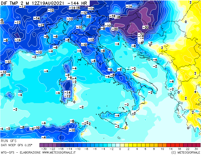 19 Agosto: differenza di temperatura a circa 1500 metri di altezza, in libera atmosfera, rispetto al fine settimana di Ferragosto.