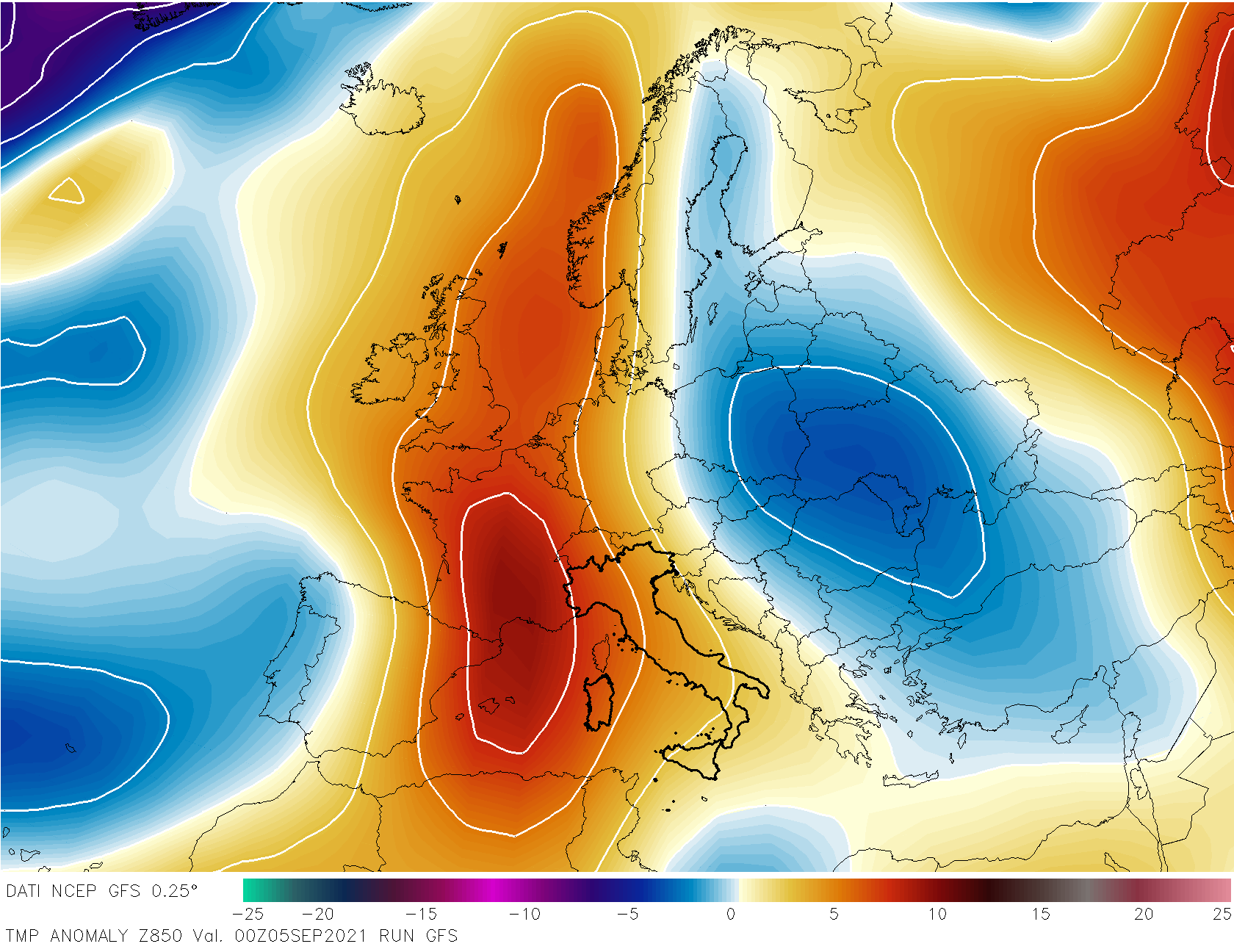 Anomalie temperatura 850 hPa.