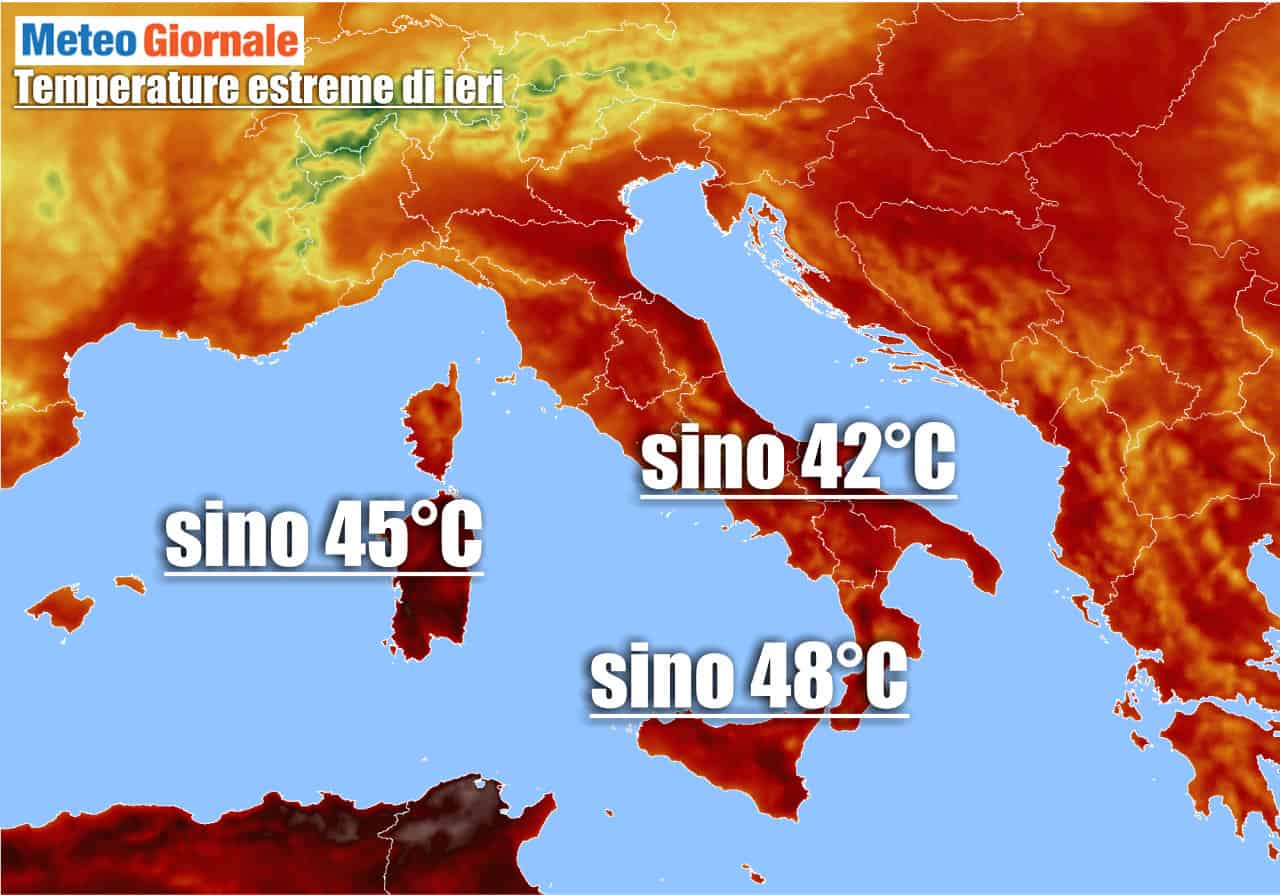 Italia massime di 45 gradi in Sardegna e 48 gradi in Sicilia: le temperature di ieri