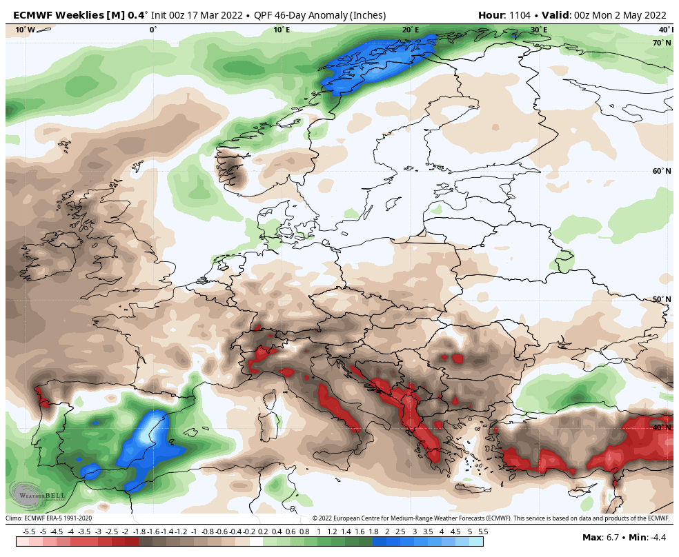 Anomalia sulle piogge attese sino a tutto Aprile. Credit weatherbell.com