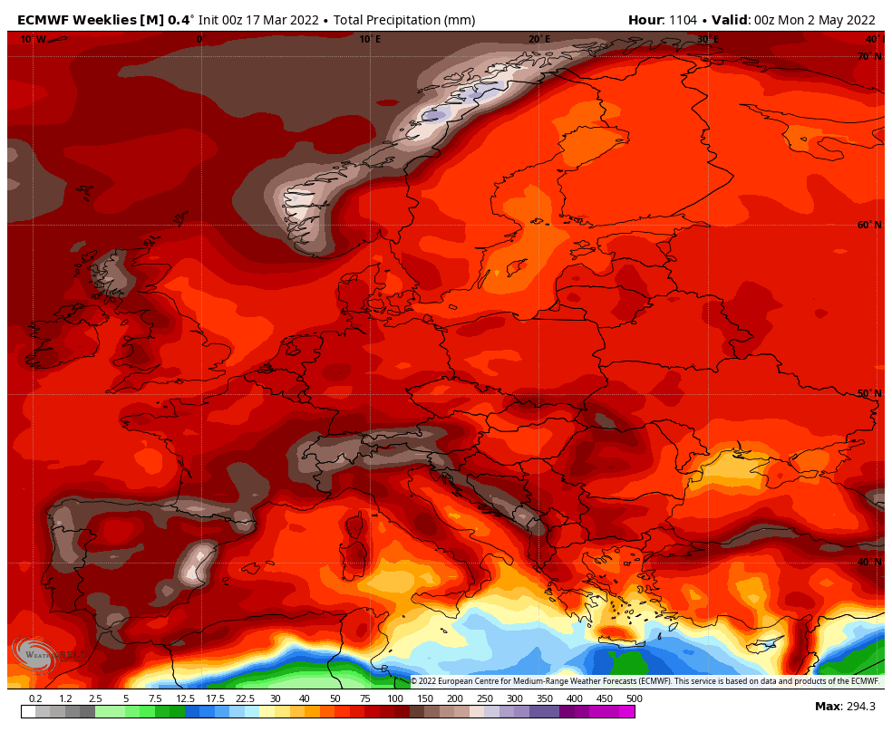 Piogge attese sino a tutto Aprile. Credit weatherbell.com