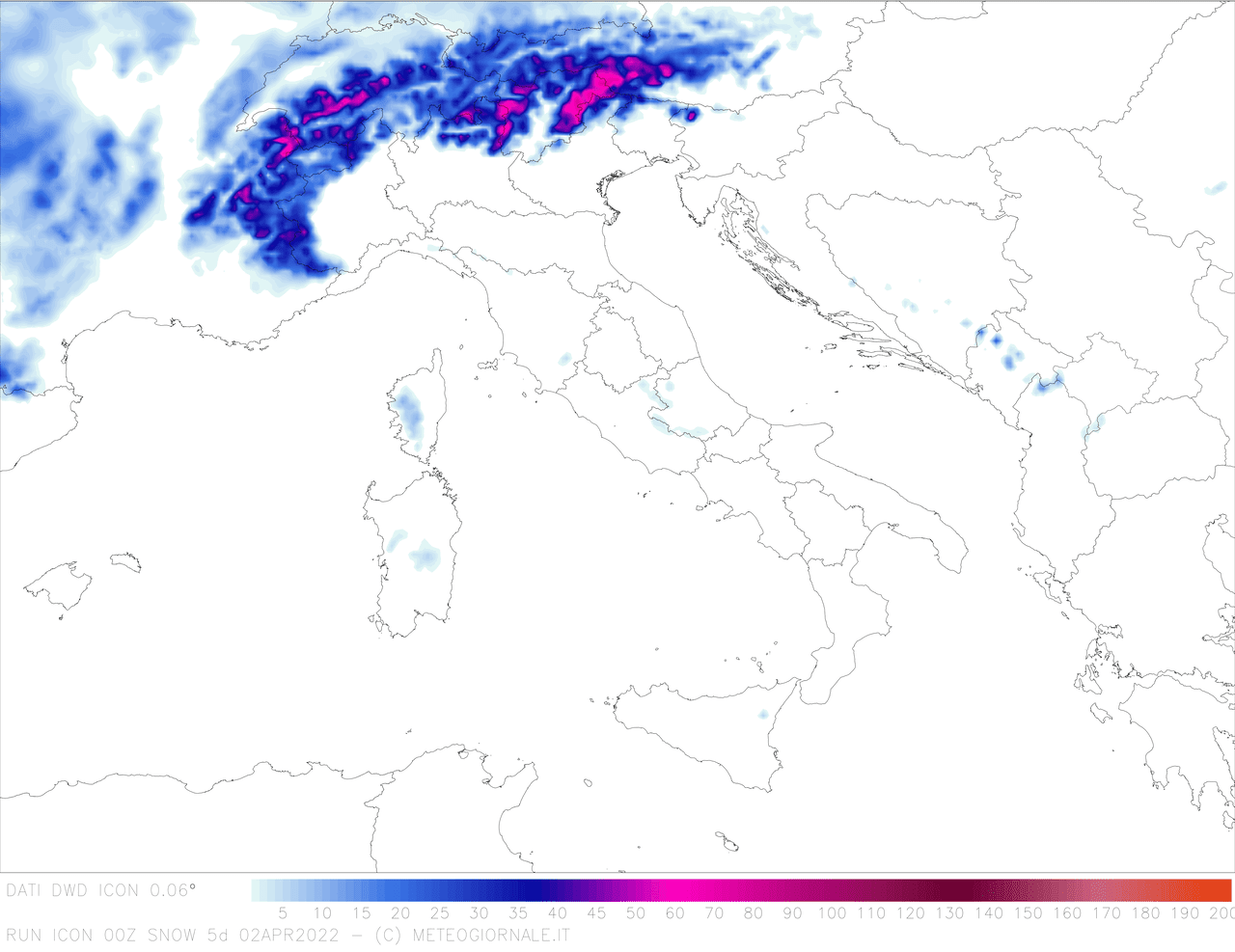 Mappa neve ICON delle precipitazioni.