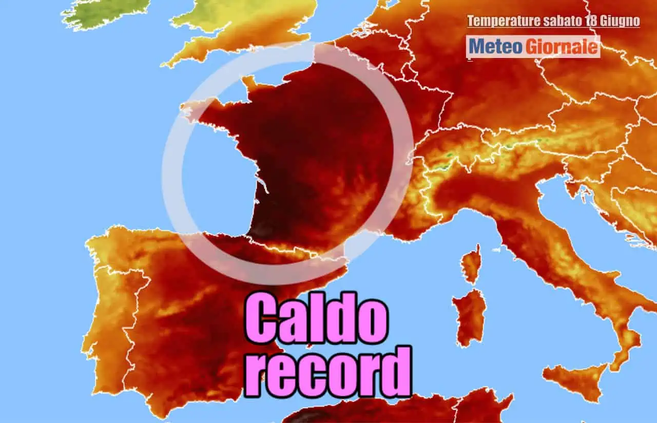Le temperature previste sabato 18 Giugno, in rosso scuro oltre 40 gradi