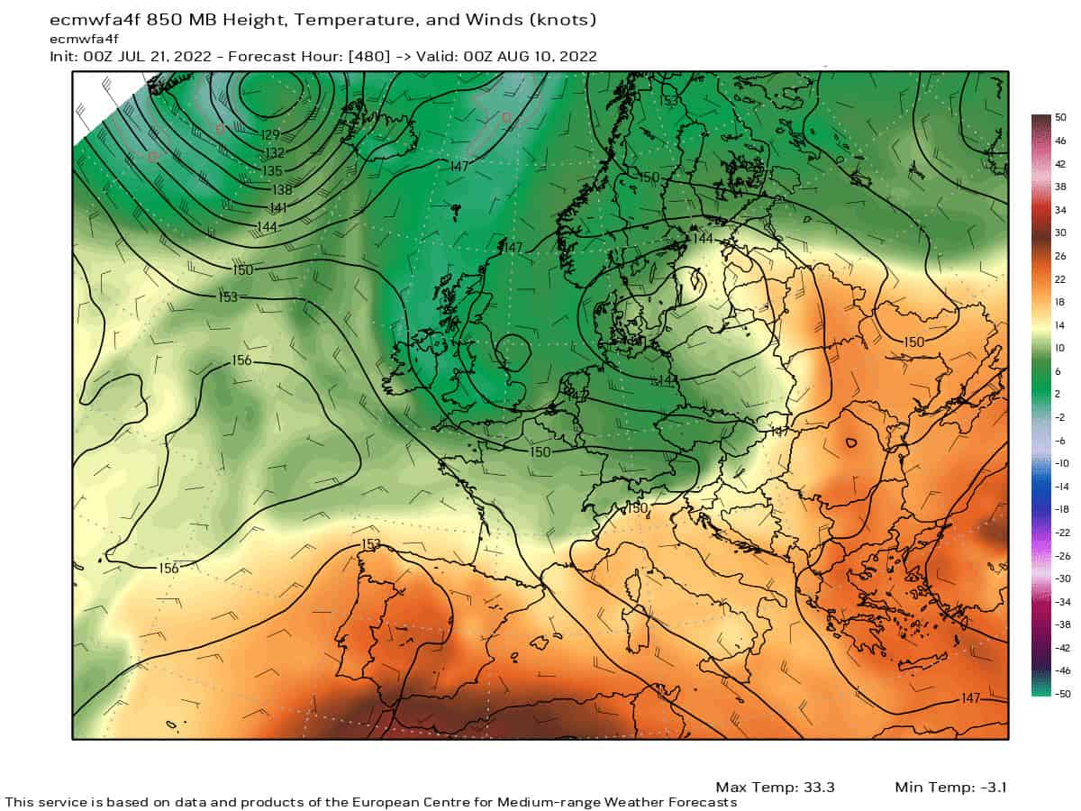 850 hpa 10 agosto - Stop siccità, tornerà la pioggia, il meteo cambia entro Ferragosto. Mappe