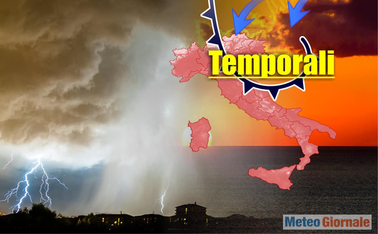 Meteo con temporali nelle prossime ore. Caldo anche oltre 40 gradi. Domani temperatura in diminuzione