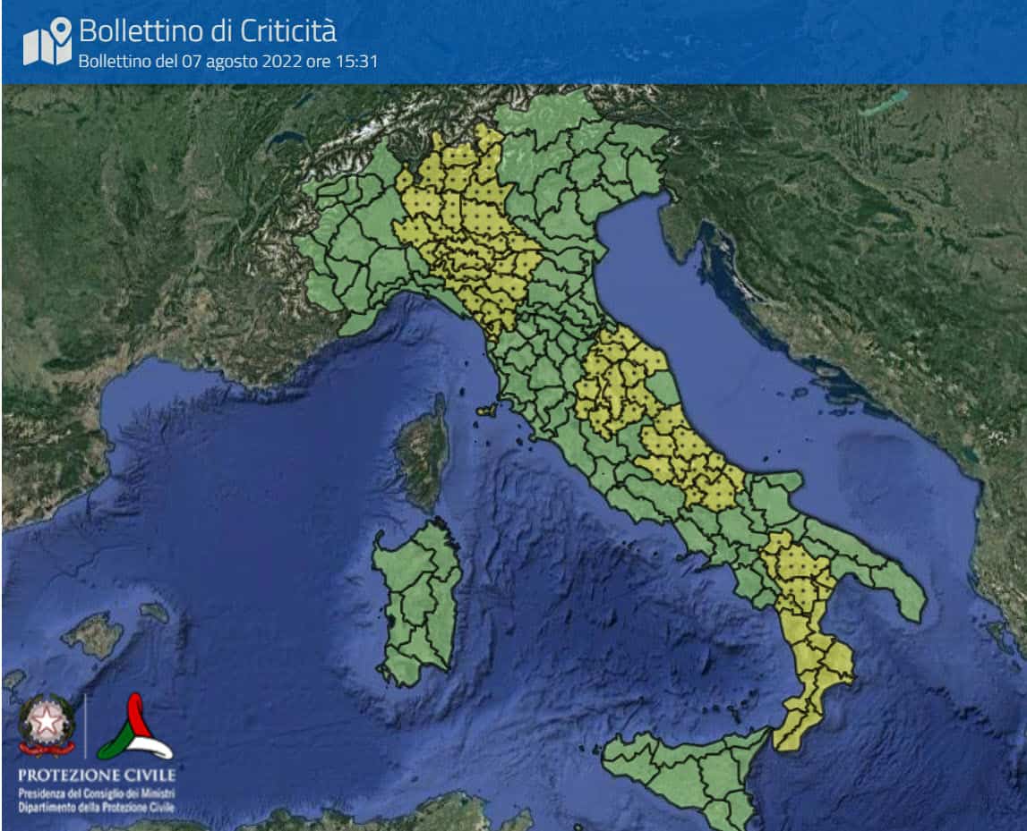 Allerta meteo Protezione Civile per l’Italia per lunedì 8 agosto
