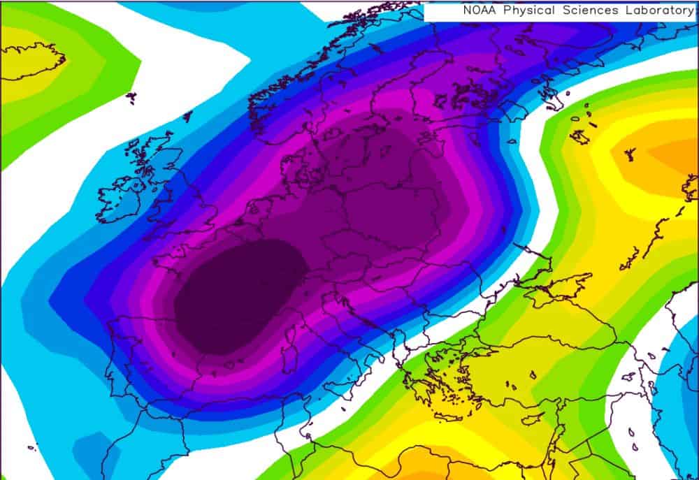 anomalia temperature a 850 Hpa dell'8 gennaio 1985