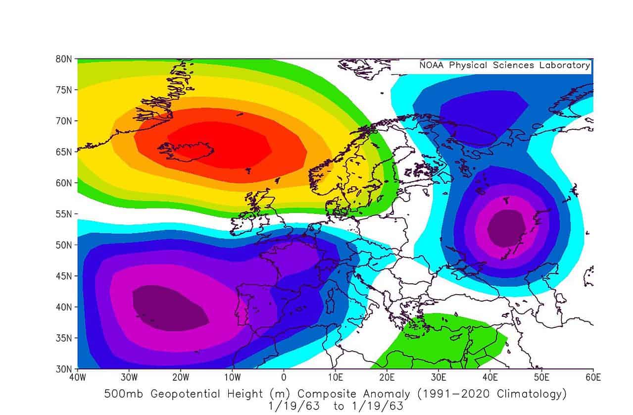 anomalie a 500 hPa del 19 gennaio 1963