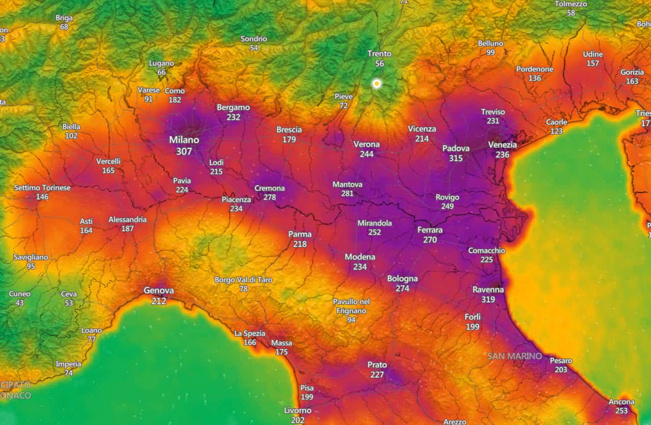 Indice qualità aria pessima al Nord Italia, in pianura. Alcune zone livelli altissimi di inquinamento
