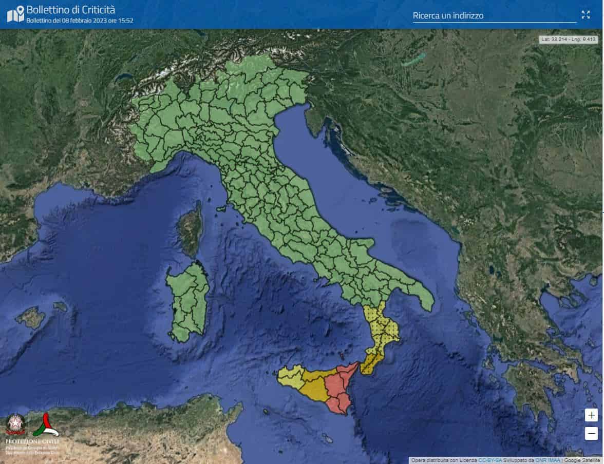 Protezione Civile: allerta meteo rossa nella Sicilia orientale, gialla in Calabria per neve e piogge intense