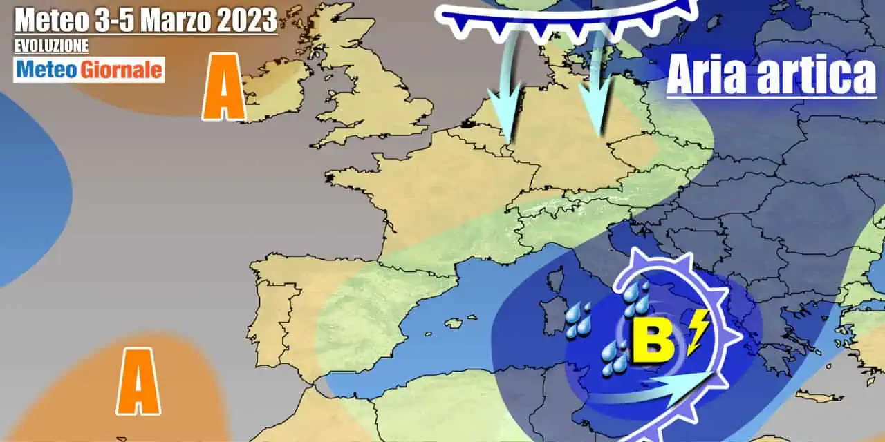 Ciclone mediterraneo incastrato sull'Italia in lenta evoluzione verso est