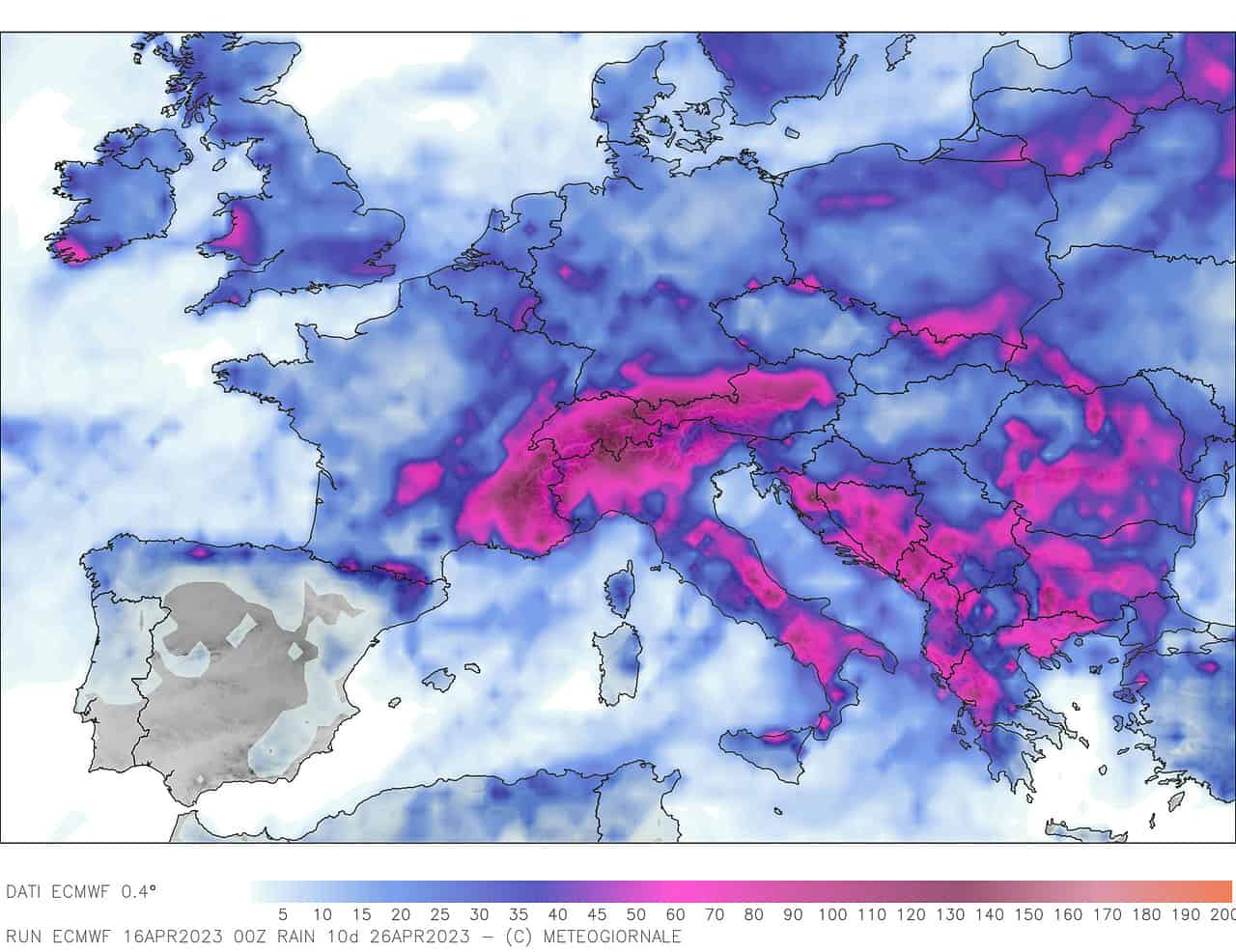 Ultima proiezione dell'accumulo complessivo della pioggia per i prossimi 10 giorni. Credit Centro Meteo Europeo.