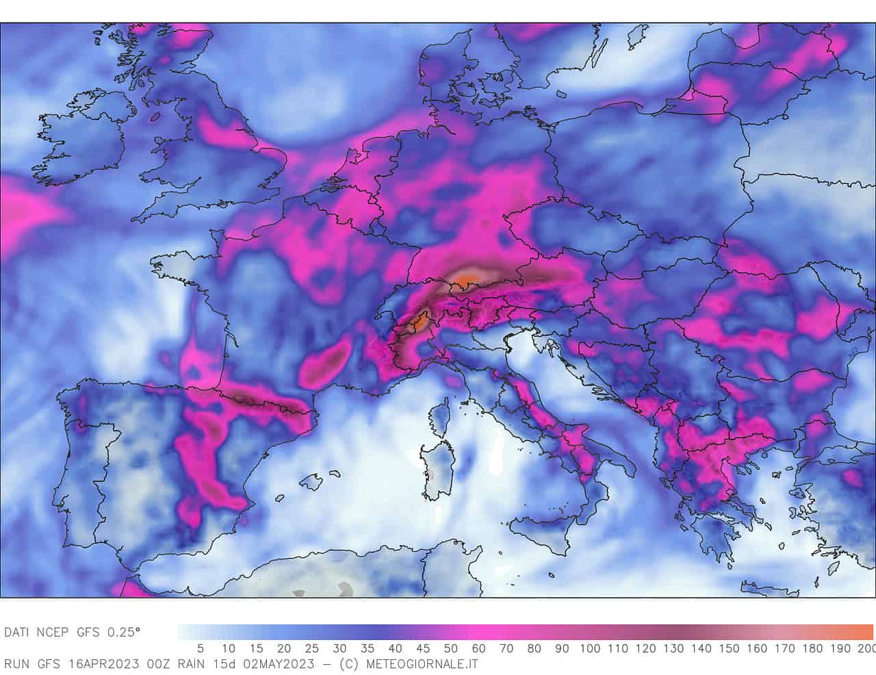 Ultima proiezione dell'accumulo complessivo della pioggia per i prossimi 15 giorni. Credit NCEP/GFS.