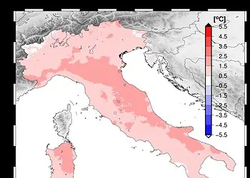 Anomalia delle temperature in Italia nel mese di marzo 2023 rispetto alla media 1991-2020. Fonte ISAC-CNR