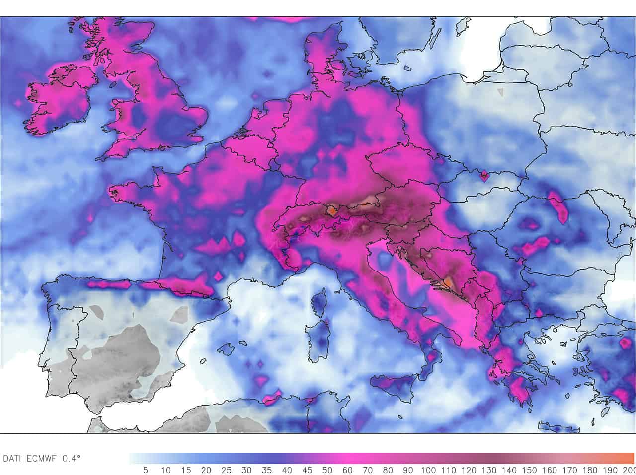Piogge previste nei prossimi 10 giorni dal Centro Meteo Europeo (ECMWF).