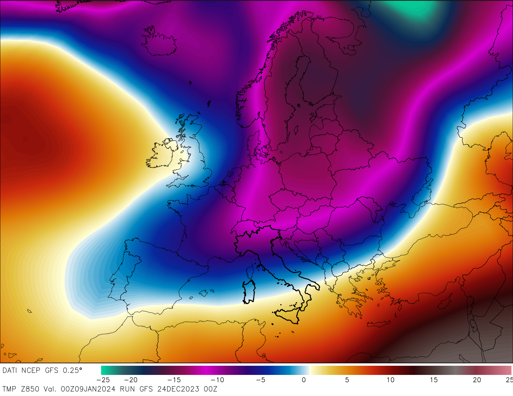 Anomalia in quota. Temperatura 850 hPa. Saccatura in quota che si espande anche a circa 1500 metri. Questo evento causa gelo nella regione alpina e freddo intenso nelle regioni settentrionali.