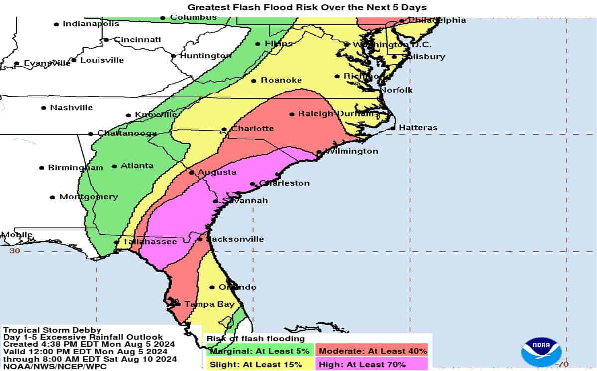 La tempesta tropicale Debby potrebbe provocare inondazioni disastrose in Carolina del Sud e Georgia