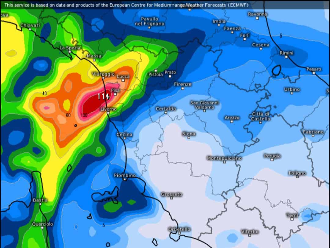Meteo, piogge intense tra Liguria e alta Toscana con picchi di oltre 100 mm 5 20241014 213303