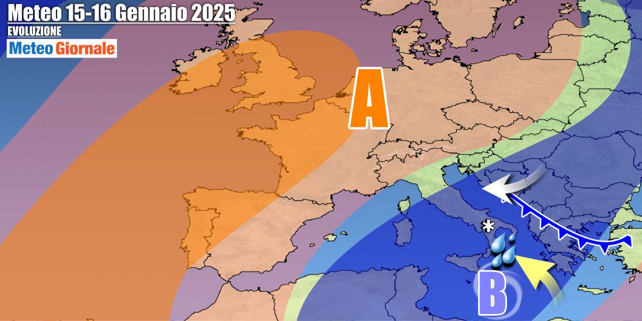 Anticiclone in Europa e vortice sull'Italia