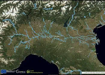 Bacino flufiale del fiume Po. Credit: Unione Europea, immagini Copernicus Sentinel-X