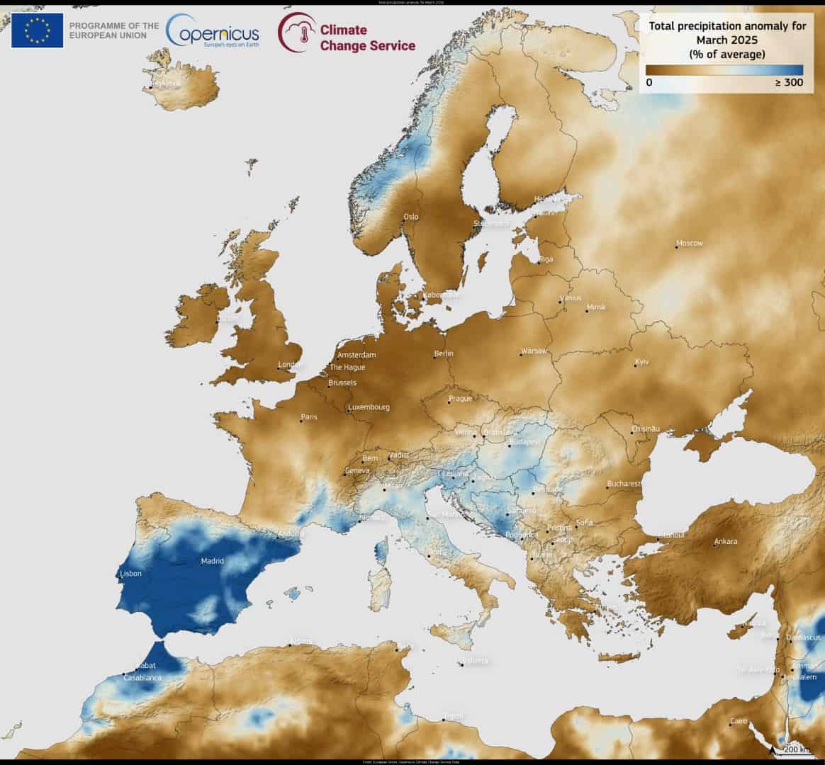 Meteo Marzo 2025: piogge record in Iberia, siccità nel Centro Europa