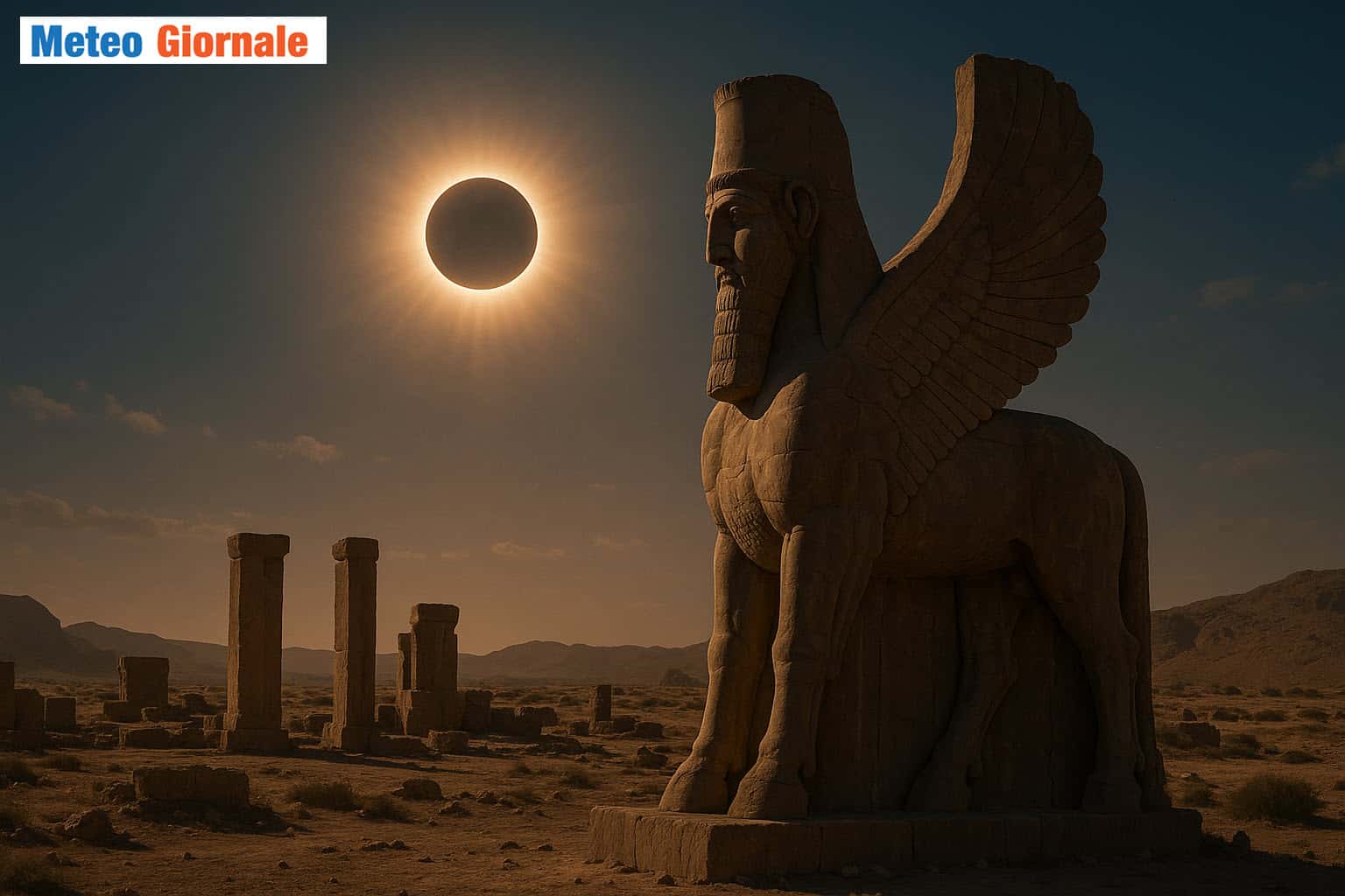 Il guardiano alato delle rovine persiane appare con l’eclissi sul deserto