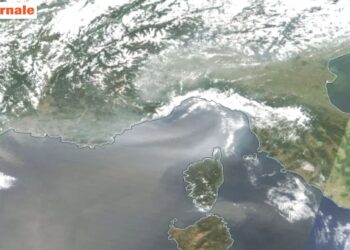 Dal satellite Eumetsat la chiara presenza fin sull'Italia dei fumi trainati dalle correnti in quota