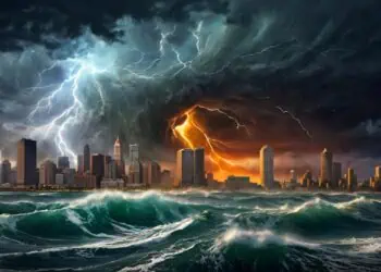 New Yrok sotto la tempesta. Immagine generata da AI.