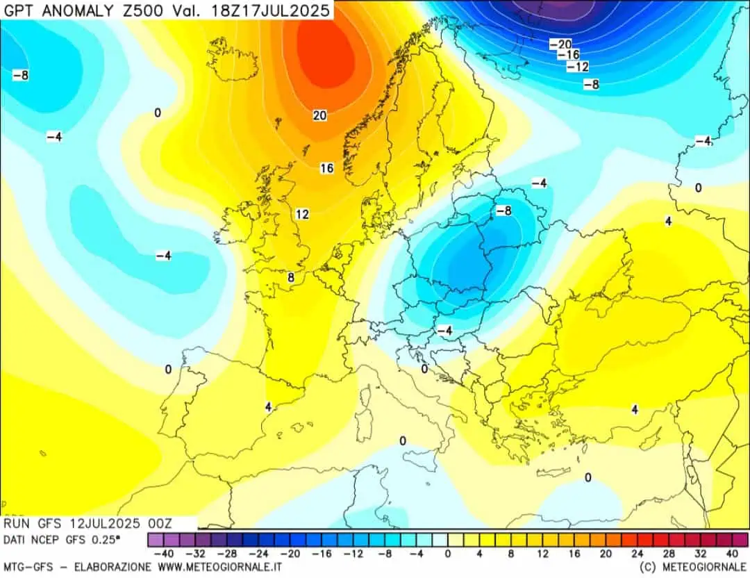 Anomalie geopotenziali 500 hPa 17 luglio