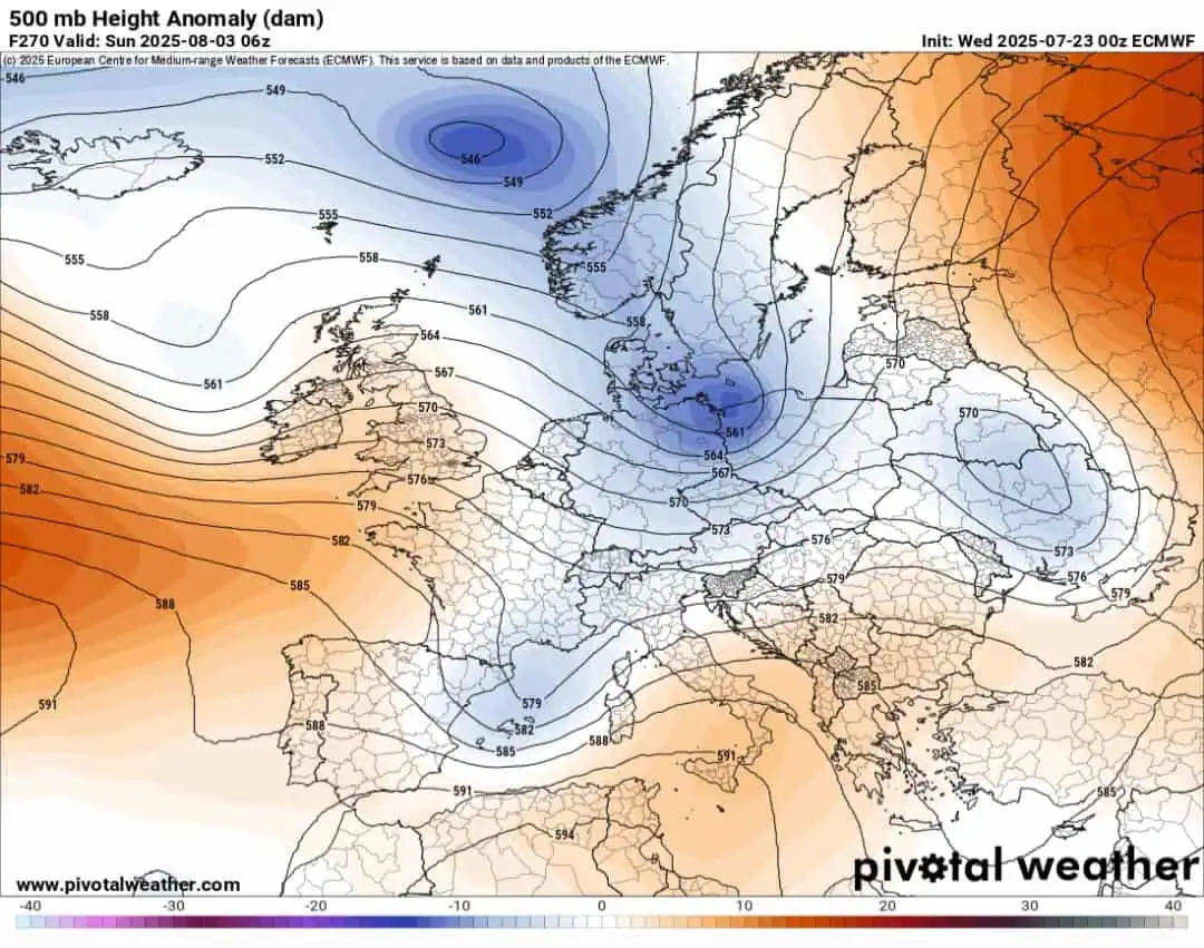 Anomalie geopotenziali 500 hpa 3 agosto ECMWF