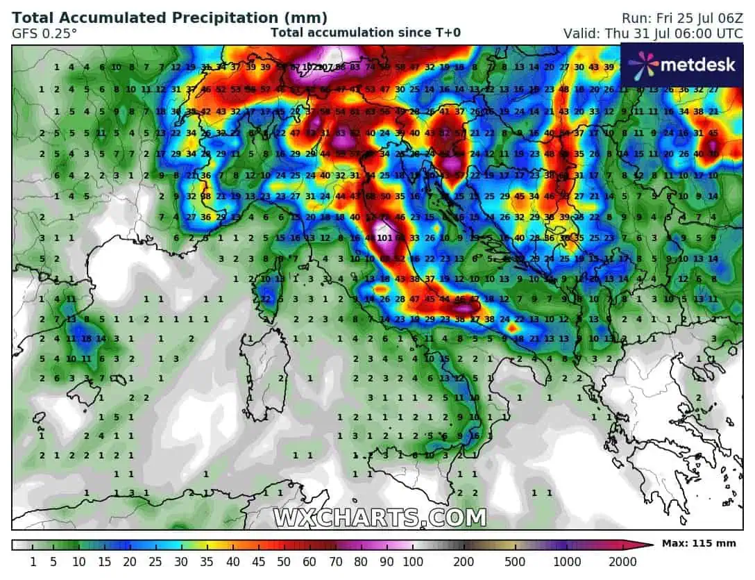 Piogge cumulate al 31 luglio