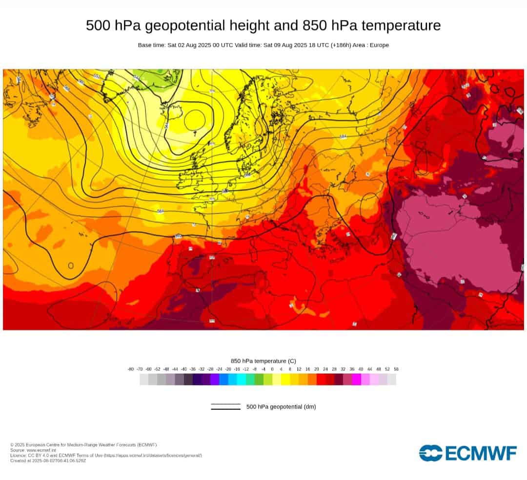 Anomalie geopotenziali 500 hpa 9 agosto ECMWF