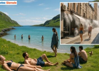 Coste della Groenlandia balneabili. Londra afflitta da caldo a 40°C. Rappresentazione di fantasia realizzata con IA.