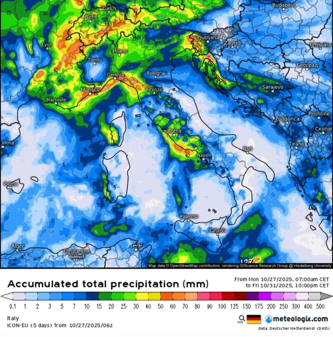 Accumuli pluviometrici Italia prossimi giorni
