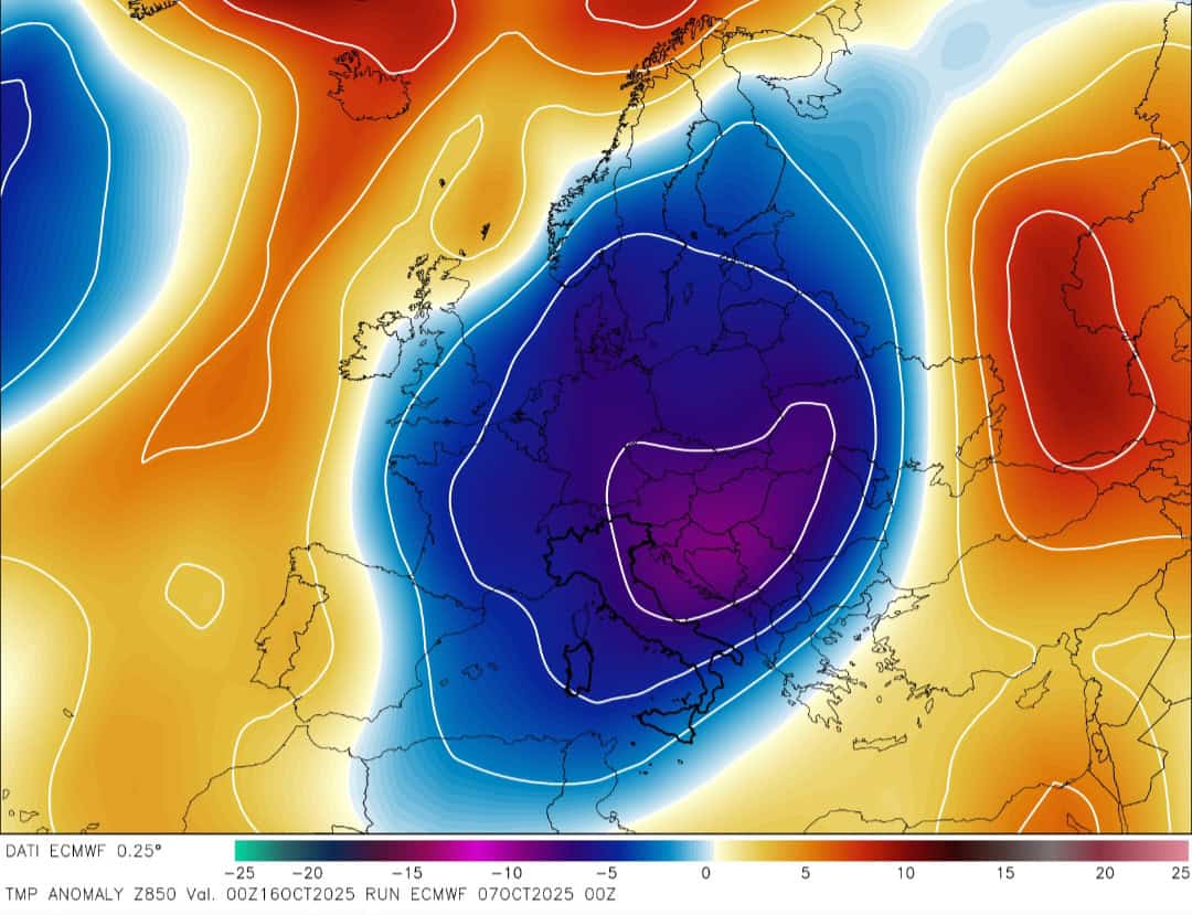 Anomalie termiche 850 hPa metà ottobre 