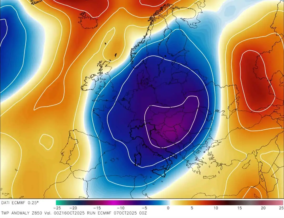 Anomalie termiche 850 hPa metร ottobre