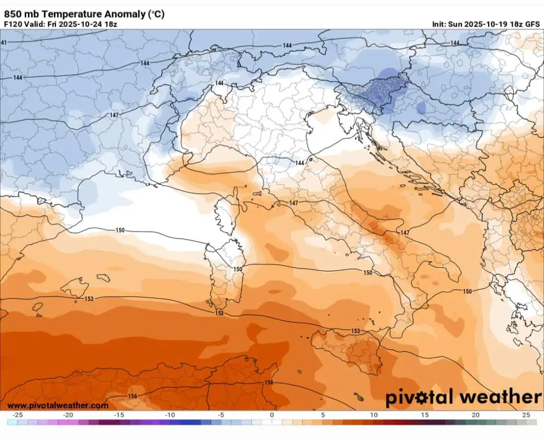 Anomalie termiche 850 hPa 24 ottobre
