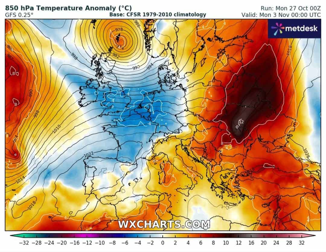 Anomalie termiche 850 hPa 3 novembre 